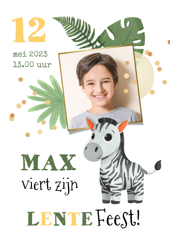 Uitnodiging Lentefeest Jungle Zebra Confetti Kaartje2go