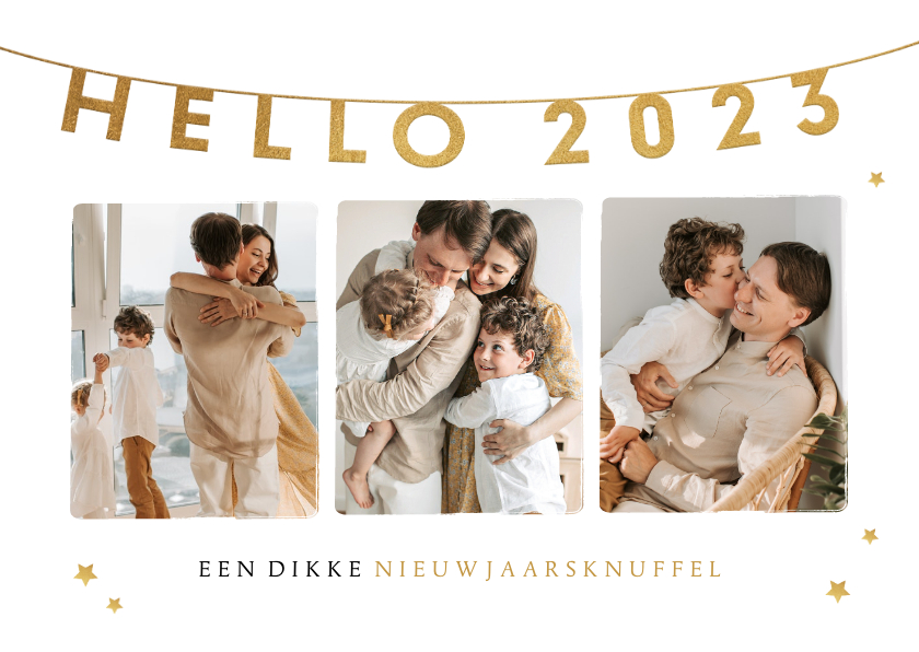 Nieuwjaarskaart Hello 2023 Fotocollage Gouden Kaartje2go