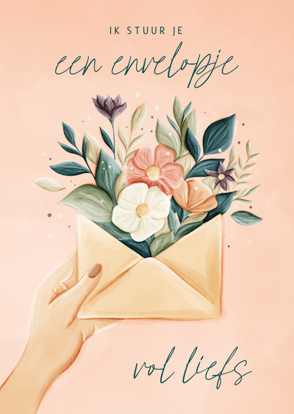 Bedankkaartjes - Bedankkaart hand met envelopje vol liefs met bloemen