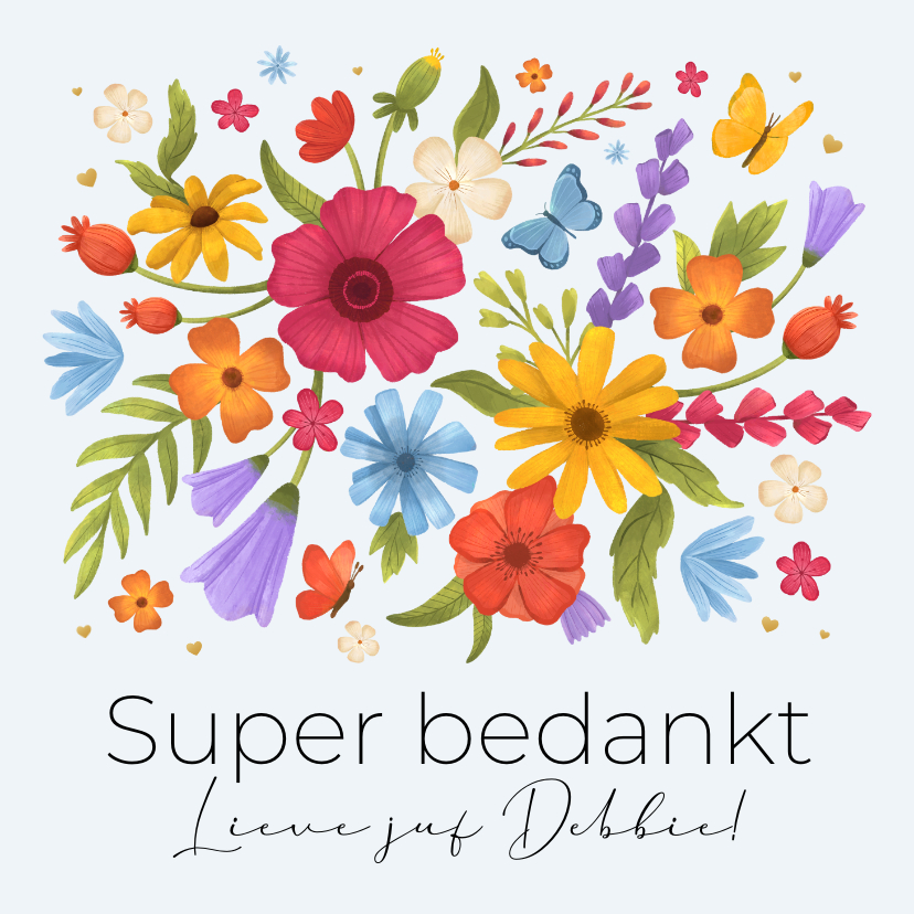 Bedankkaartjes - Bedankkaart juf bloemen schooljaar kleurrijk fleurig