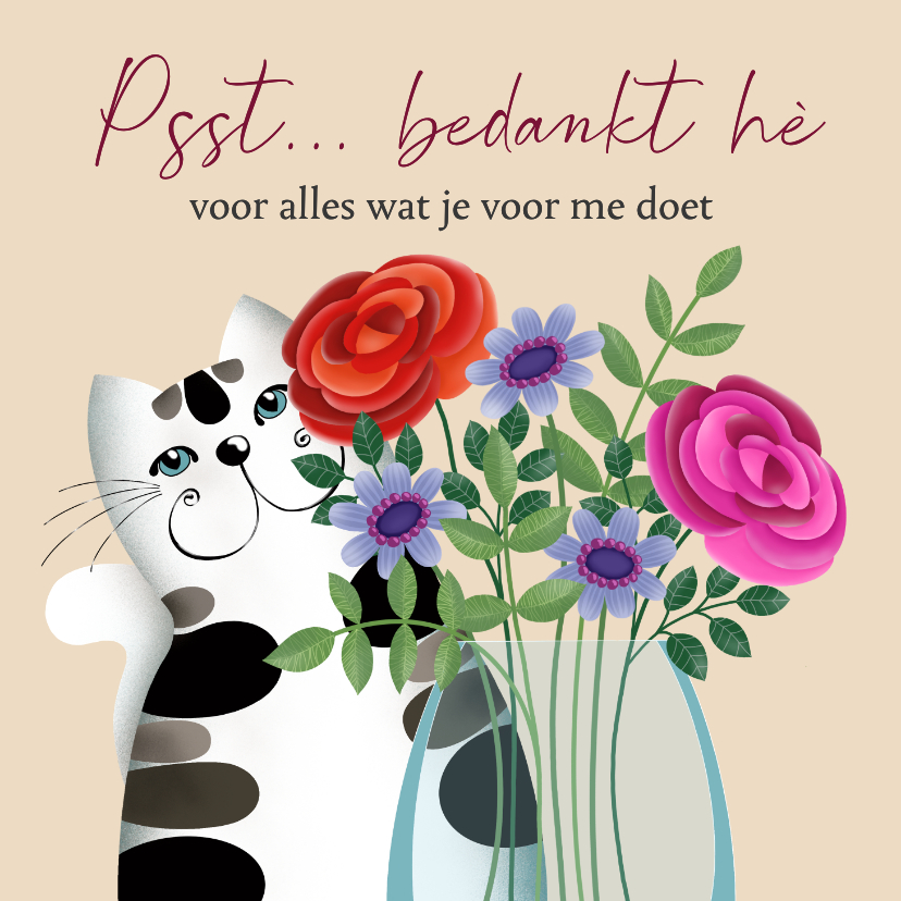 Bedankkaartjes - Bedankkaart - Kat en een vaas bloemen