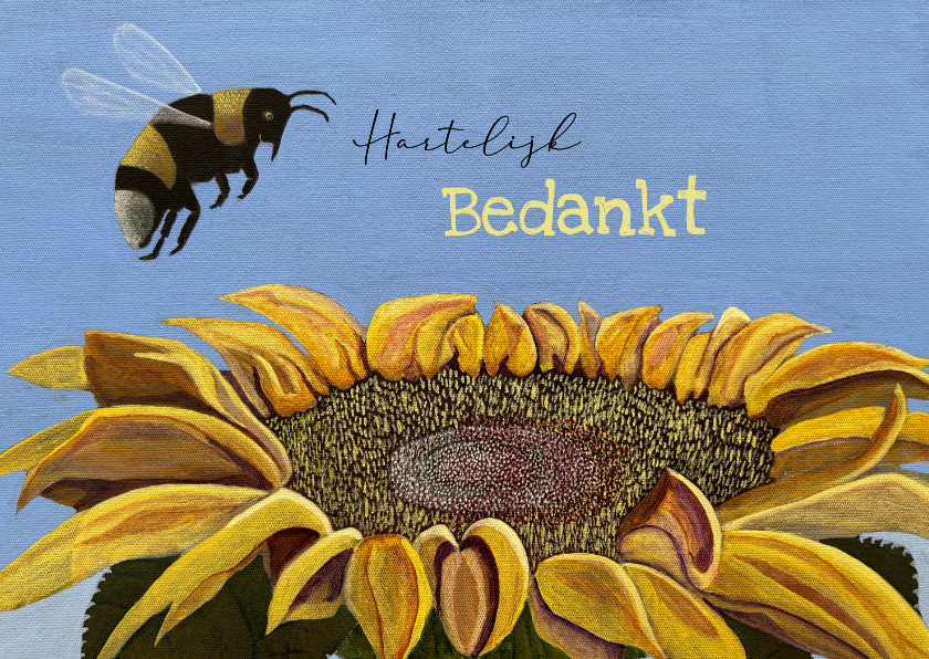 Bedankkaartjes - Bedankkaart met fantastische zonnebloem en hommel