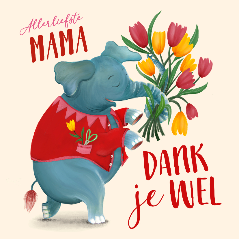 Bedankkaartjes - Bedankkaart met olifant en bloemen voor mama