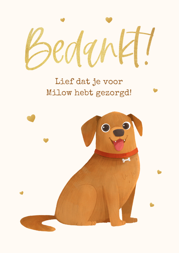 Bedankkaartjes - Bedankkaart oppassen hond illustratie hartjes