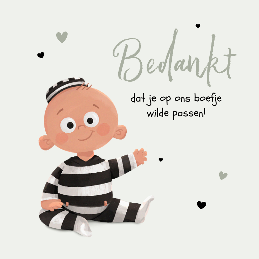 Bedankkaartjes - Bedankkaartje oppas baby kind boefje hartjes bedankt