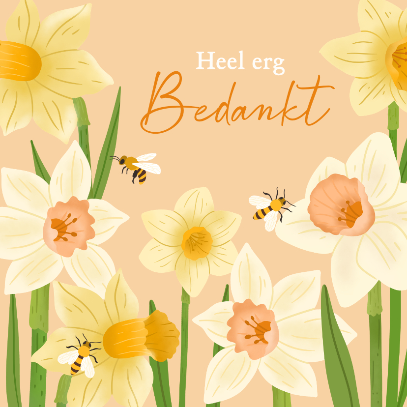 Bedankkaartjes - Bedankt kaart met narcissen en bijen