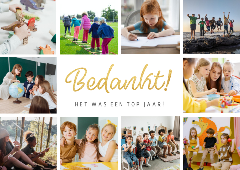 Bedankkaartjes - Fotocollage bedankkaart voor juf of meester met 10 foto's