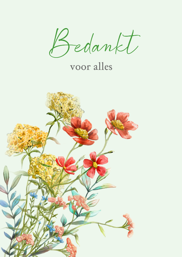 Bedankkaartjes - Mooie getekende bedankkaart met wilde bloemen in waterverf