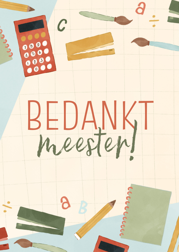 Bedankkaartjes - Vrolijke bedankkaart juf of meester met schoolspulletjes