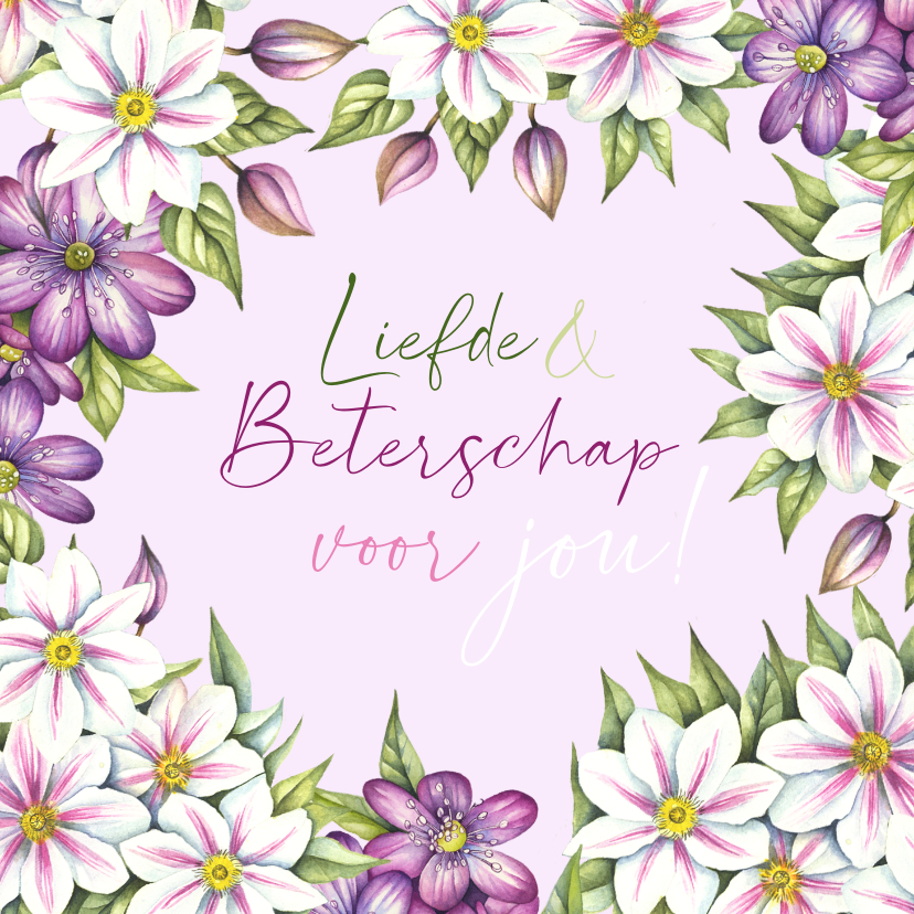 Beterschapskaarten - Beterschapskaart clematisbloemen bloemenkader