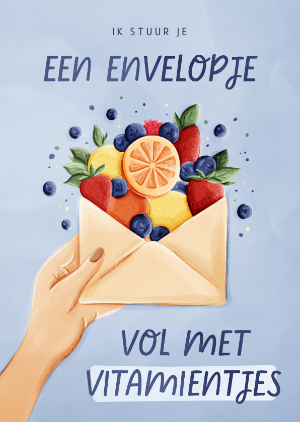 Beterschapskaarten - Beterschapskaart hand met envelopje vol vitamientjes fruit