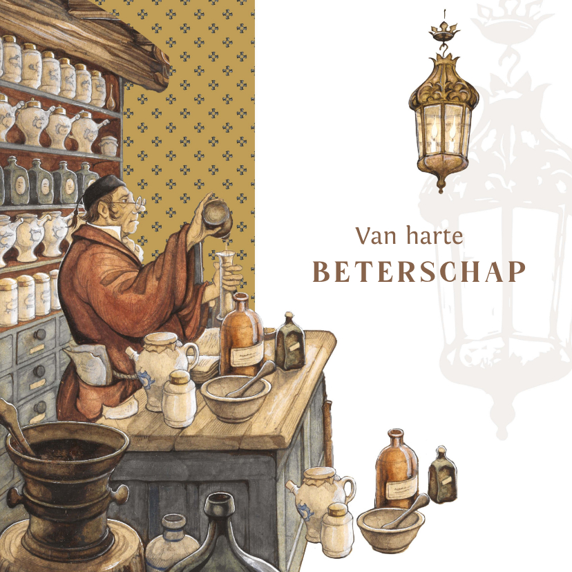 Beterschapskaarten - Beterschapskaart in vintage apothekerswinkel