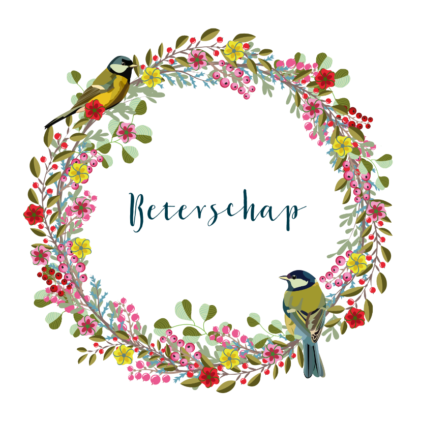 Beterschapskaarten - Beterschapskaart met bloemenkrans en vogels