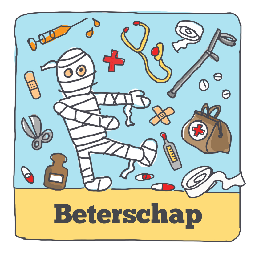 Beterschapskaarten - Beterschapskaart met figuurtje in verband en doktersspullen