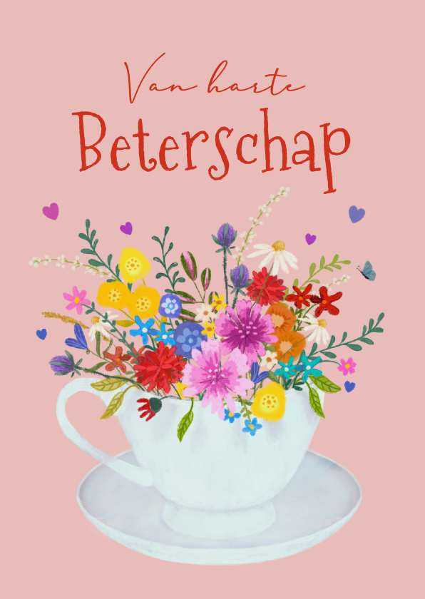 Beterschapskaarten - Beterschapskaart met fleurige bloemen in een theekopje