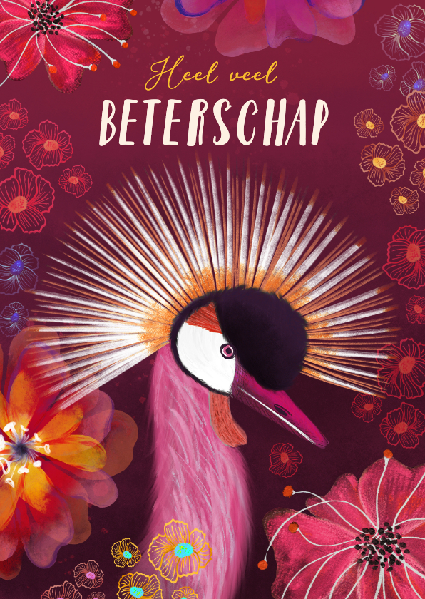 Beterschapskaarten - Beterschapskaart met kroonkraanvogel en bloemen