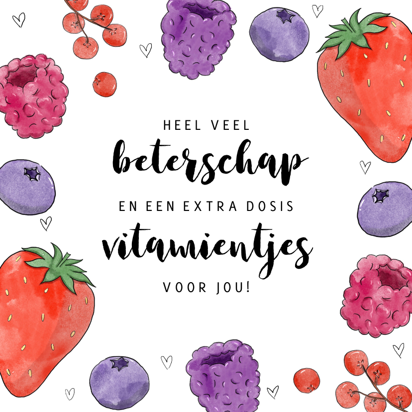 Beterschapskaarten - Beterschapskaart met rood fruit en hartjes