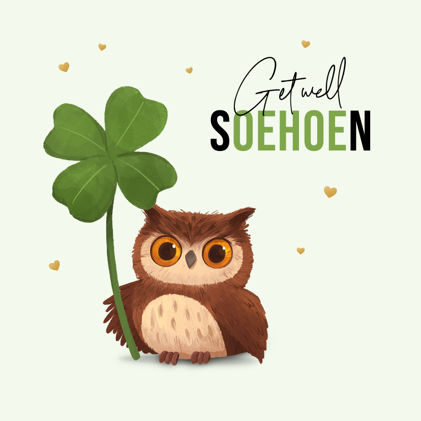 Beterschapskaarten - Beterschapskaart uil oehoe dieren get well soon klavertje