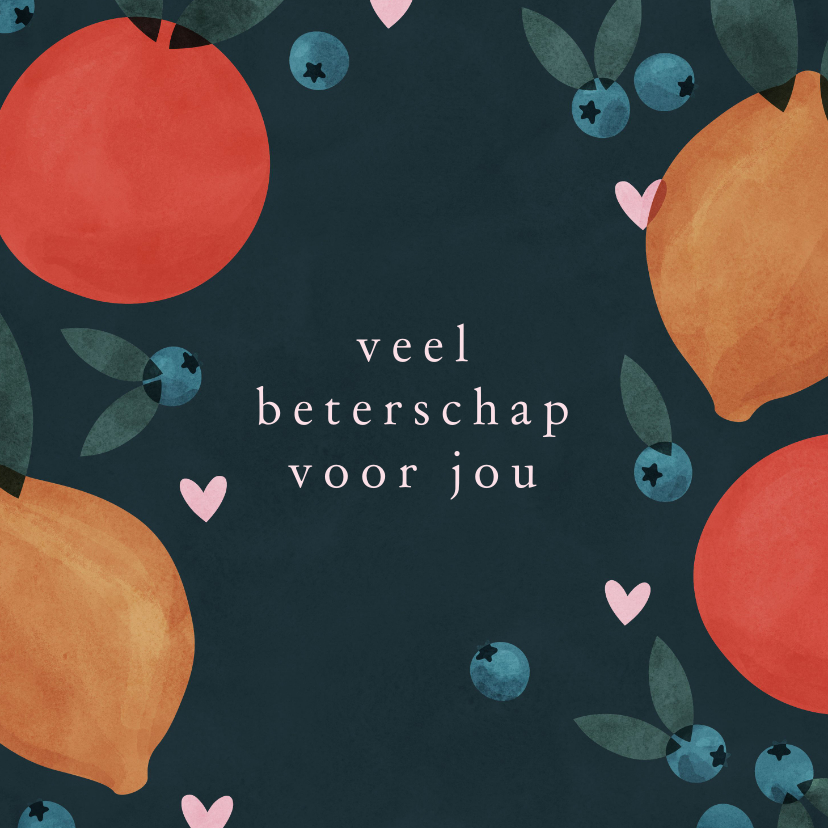 Beterschapskaarten - Blauwe beterschapskaart met fruit en hartjes