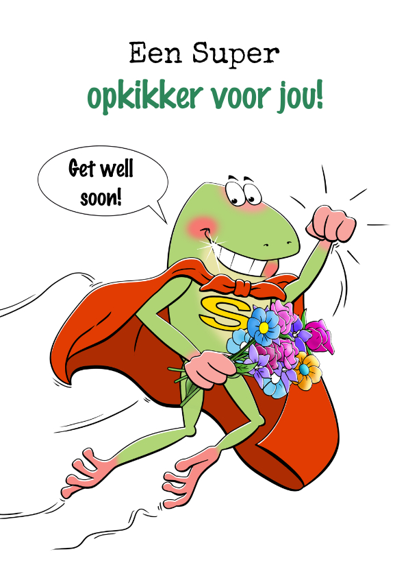 Beterschapskaarten - Grappige kaart met Super-opkikker die vliegt