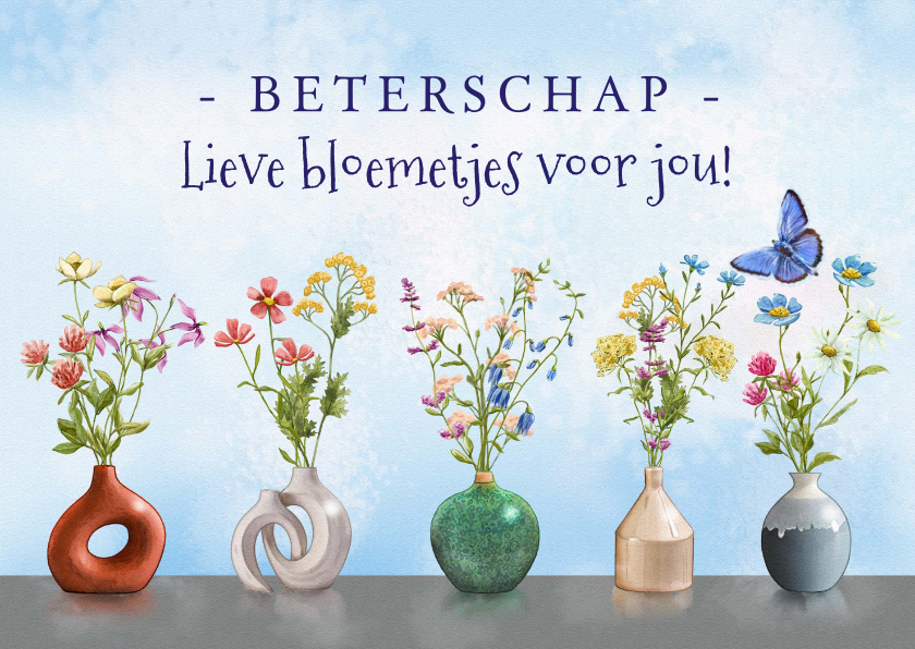 Beterschapskaarten - Leuke beterschapskaart met vaasjes met geschilderde bloemen