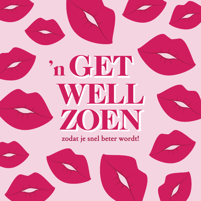 Beterschapskaarten - Lieve roze beterschapskaart get well zoen met kusjes