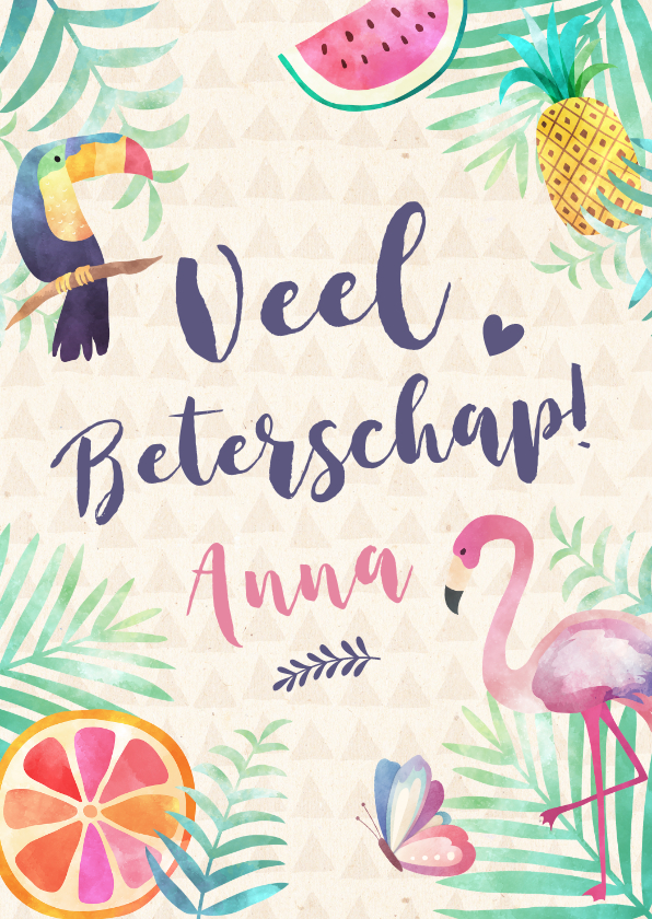 Beterschapskaarten - Vrolijke beterschapskaart Jungle met toekan en flamingo