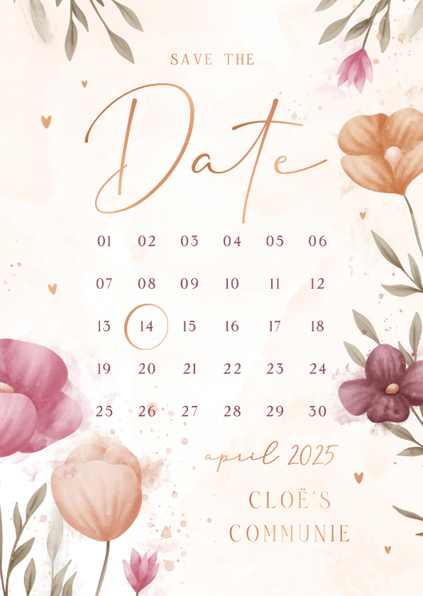 Communiekaarten - Communie save the date waterverf bloemen met koperen hartjes