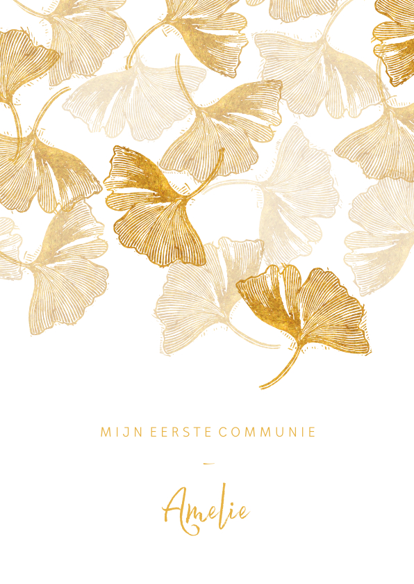 Communiekaarten - Communie uitnodiging ginkgoblad stempel foto binnen