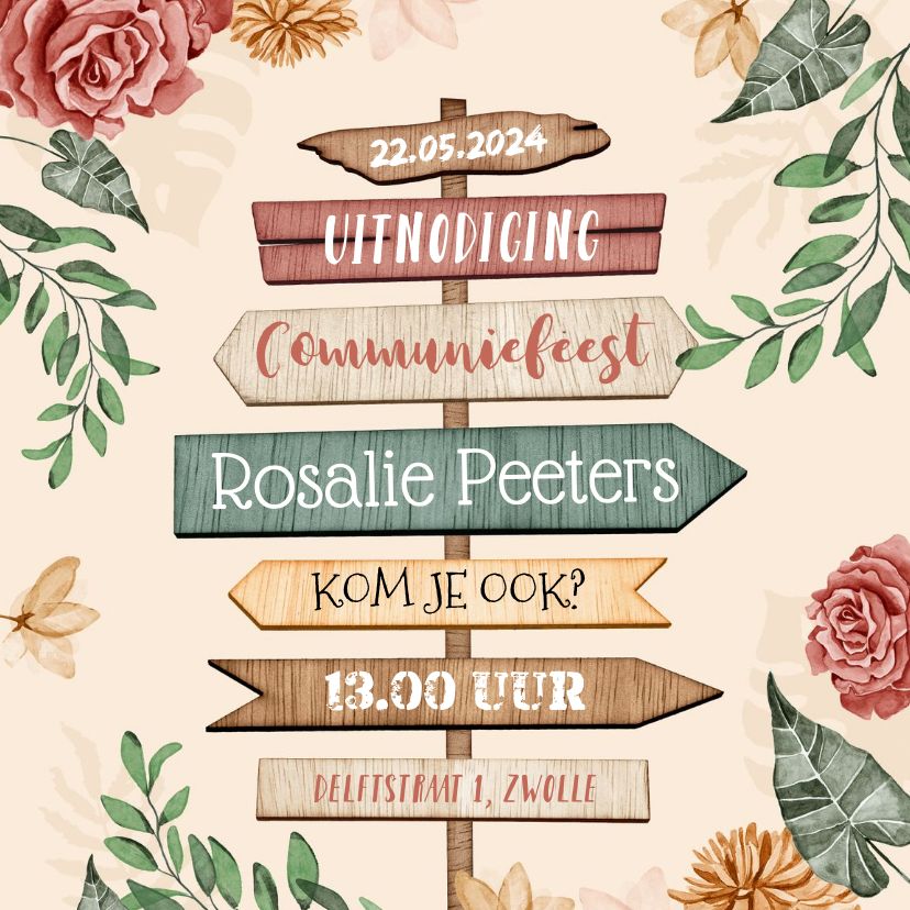 Communiekaarten - Communiefeest bloemen wegwijzers hout roze vintage