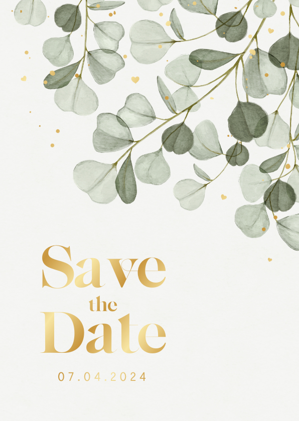 Communiekaarten - Communiefeest save the date eucalyptus goud stijlvol hartjes