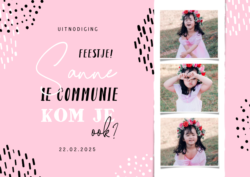 Communiekaarten - Communiekaart fotostrip met confetti aanpasbaar