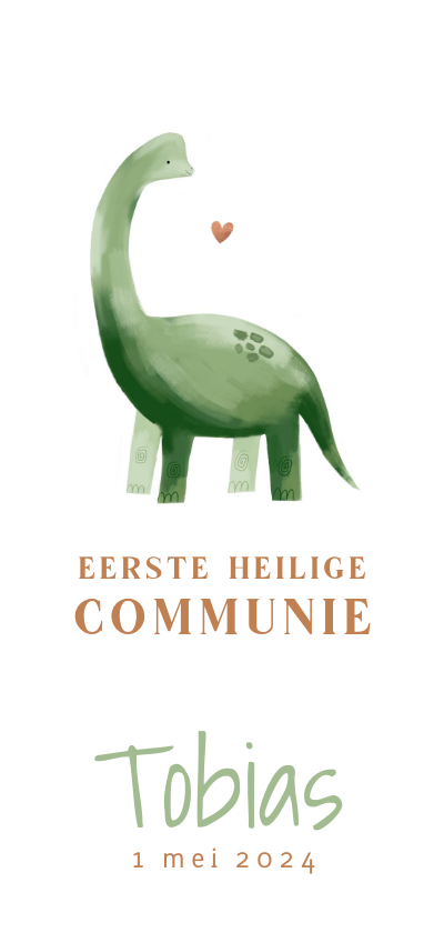 Communiekaarten - Communiekaartje dinosaurus illustratie hartje 