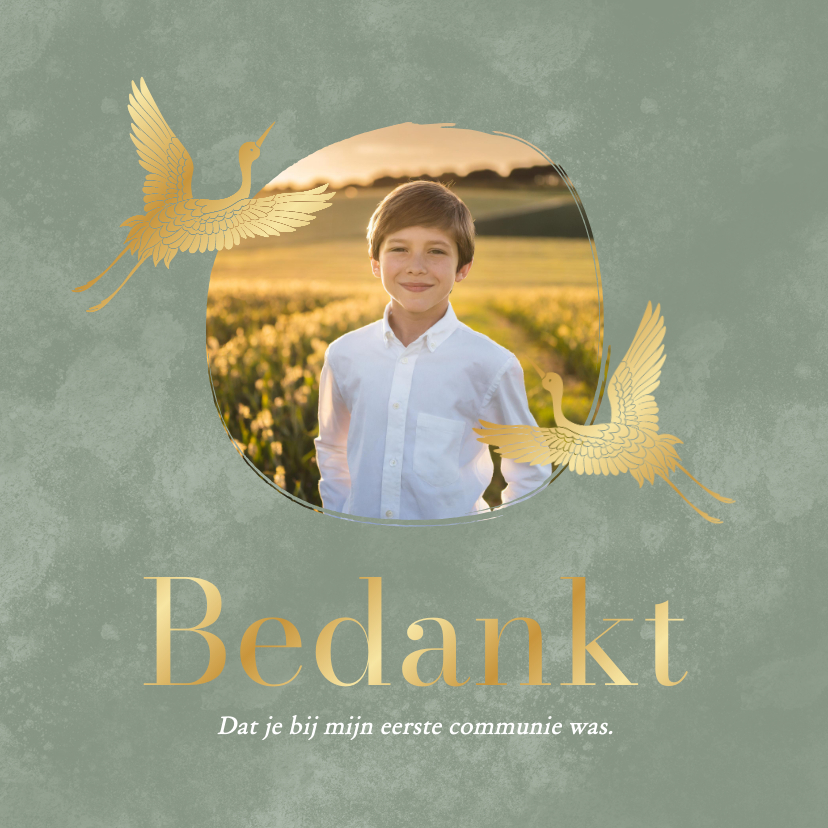 Communiekaarten - Groene waterverf communiekaart bedankt met foto gouden vogel