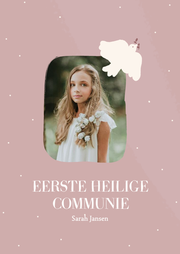 Communiekaarten - Klassiek communiekaartje met vredesduifje in roze