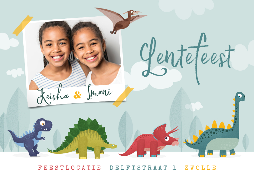 Communiekaarten - Lentefeest dinosaurussen feestje vrolijk foto tweeling