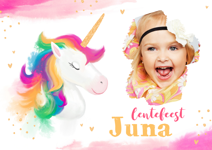 Communiekaarten - Lentefeest uitnodiging feestje unicorn waterverf hartjes