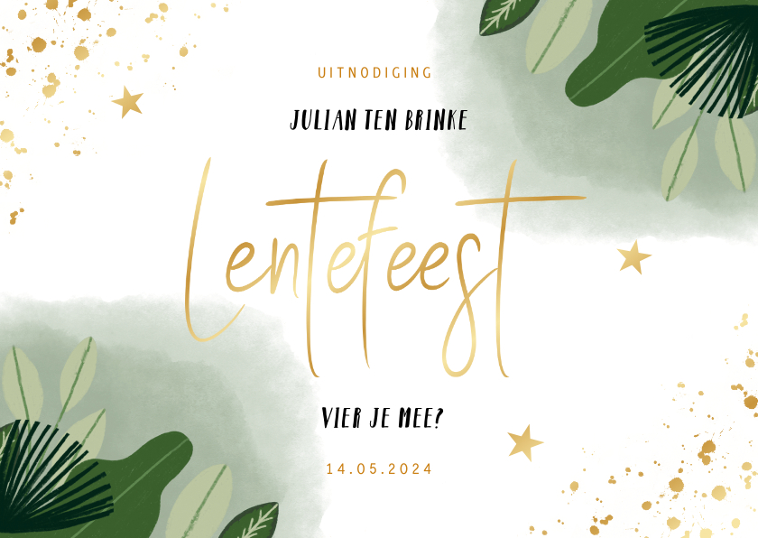 Communiekaarten - Lentefeest uitnodiging met planten waterverf en goud spetter