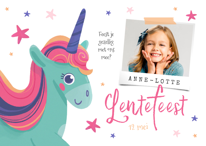 Communiekaarten - Lentefeest uitnodiging unicorn sterren foto