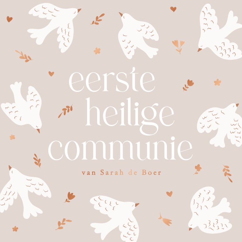 Communiekaarten - Lieve communiekaartjes met duifjes beige en koperen takjes