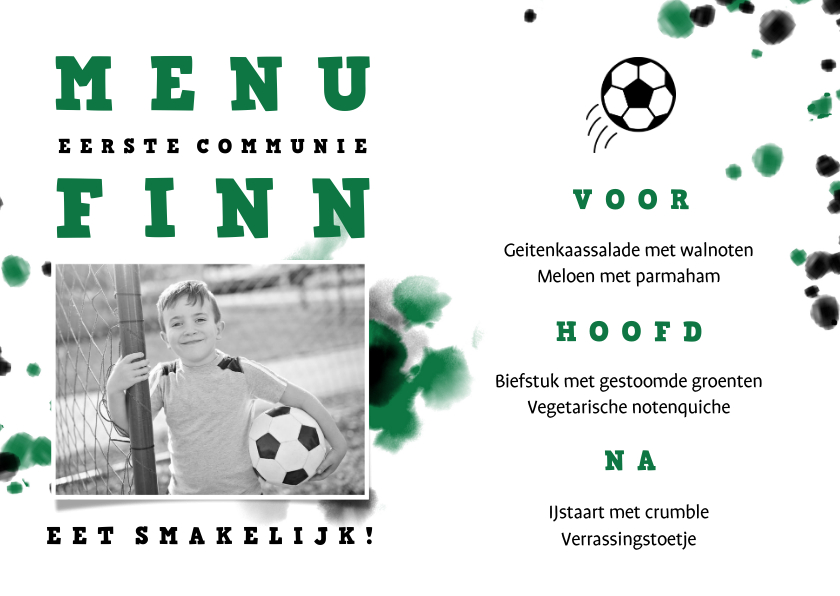 Communiekaarten - Menukaart communie voetbal met foto en spetters