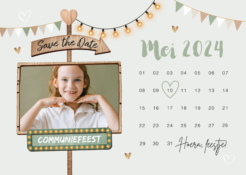 Communiekaarten - Save the date uitnodiging communie wegwijzers slingers foto