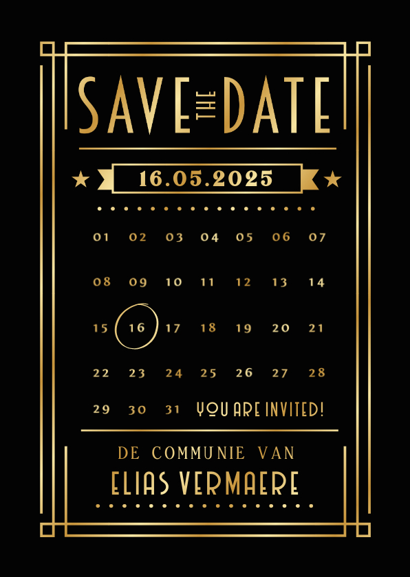 Communiekaarten - Stijlvolle Save the Date kaart communie - met goudfolie