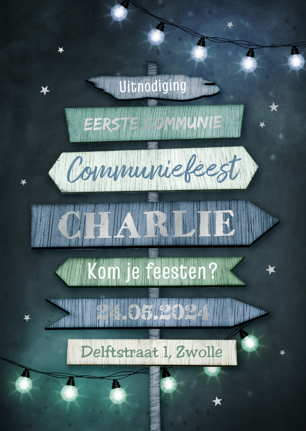 Communiekaarten - Stoere uitnodiging communie lentefeest wegwijzers lampjes