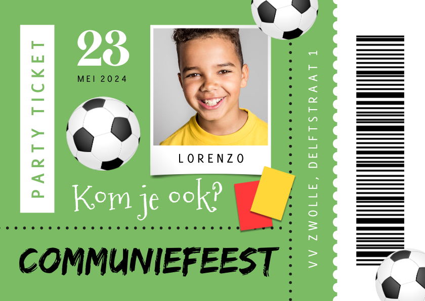 Communiekaarten - Ticket uitnodiging communiefeest voetbal foto 