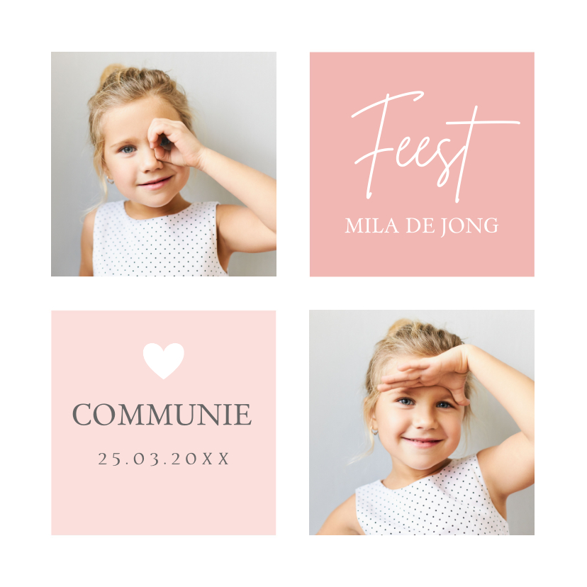 Communiekaarten - Uitnodiging communie kaart meisje met foto roze vierkant