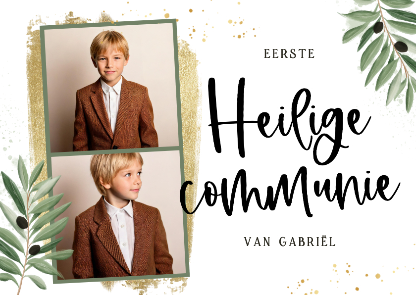 Communiekaarten - Uitnodiging communie olijftakjes fotostrip goud