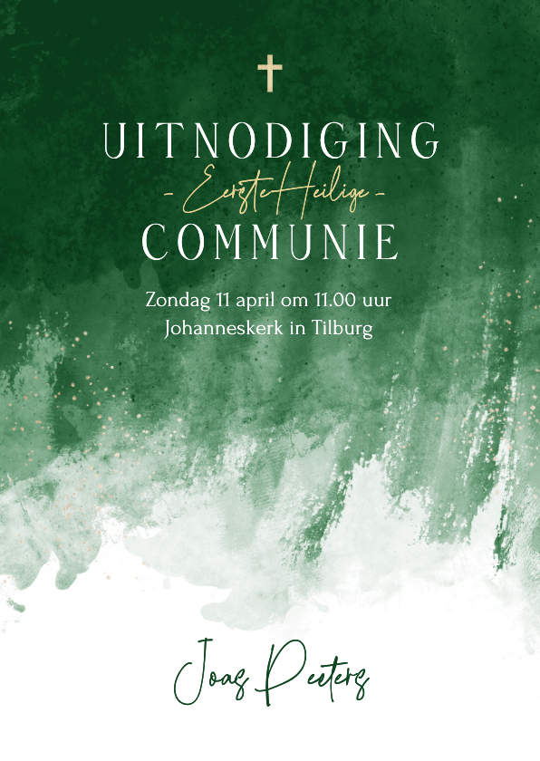 Communiekaarten - Uitnodiging communie waterverf groen kruisje stijlvol