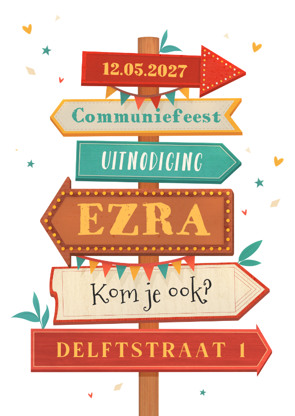 Communiekaarten - Uitnodiging communiefeest lentefeest wegwijzers vrolijk