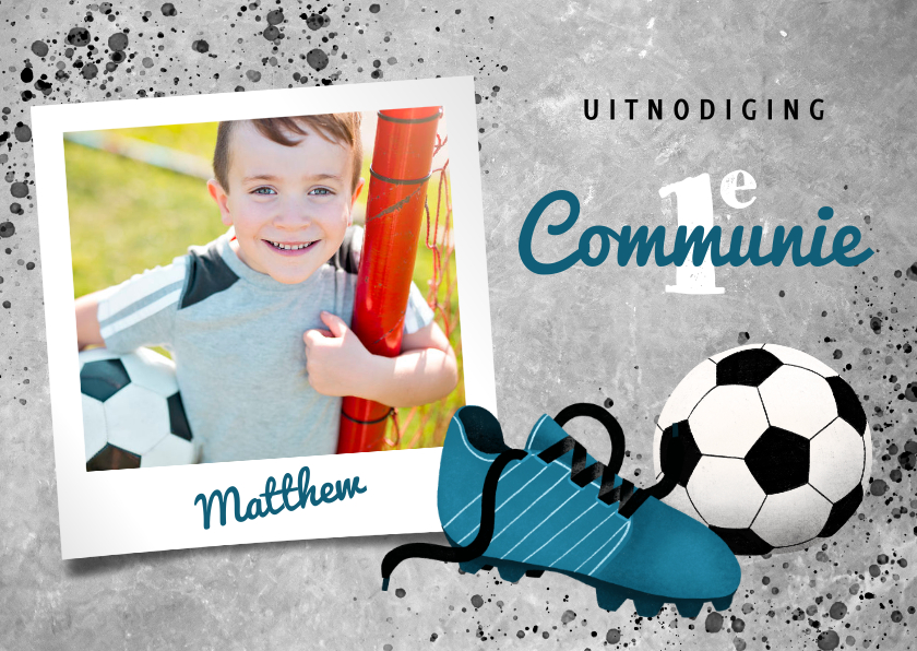 Communiekaarten - Uitnodiging eerste communie met voetbal en voetbalschoen
